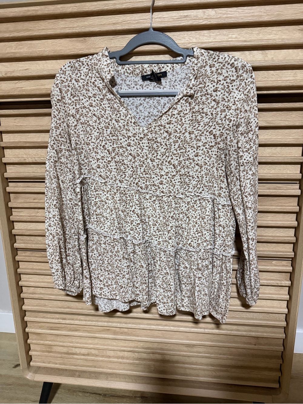 Robert Louis Beige and Brown Leopard Print Tiered V-Neck Tunic